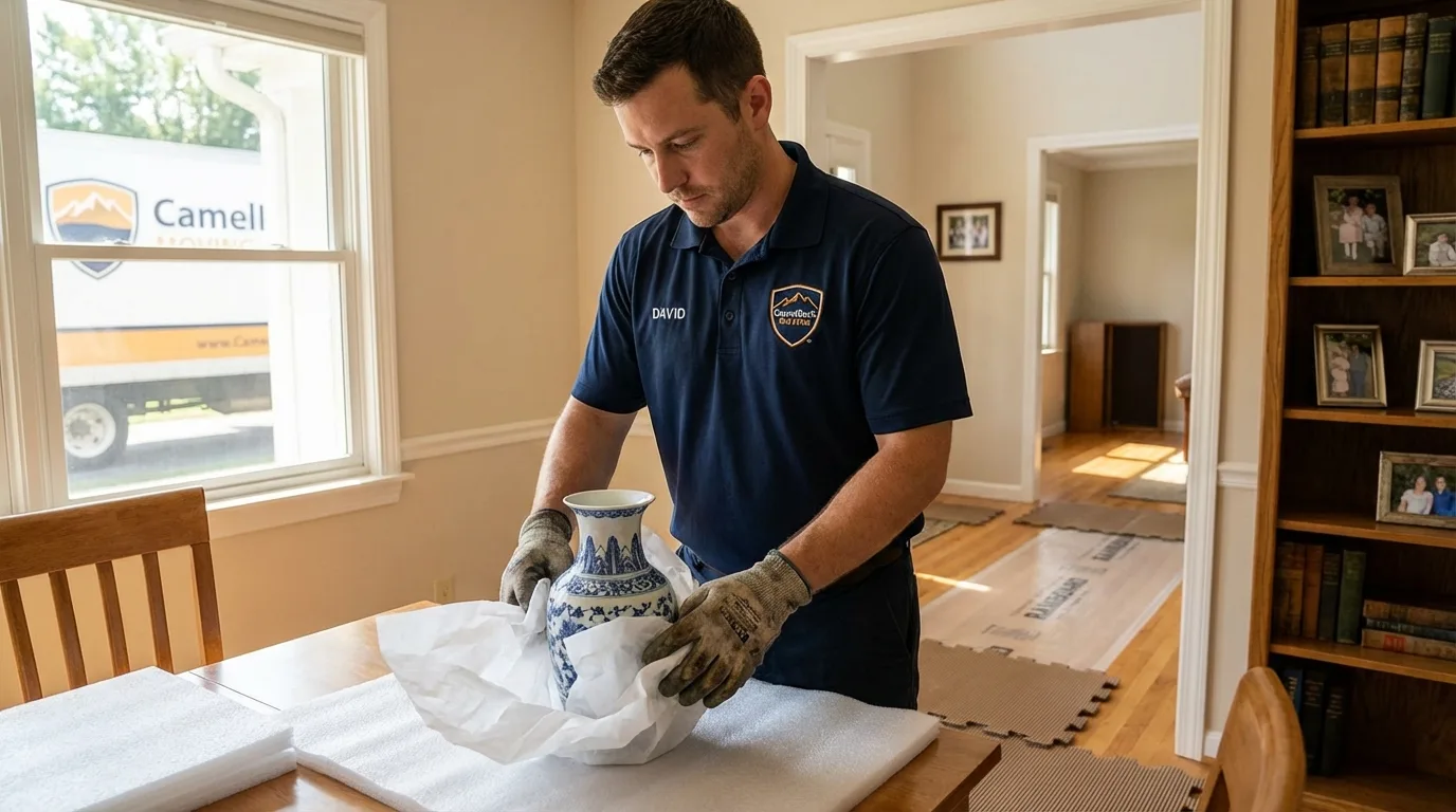 Professional crew carefully wrapping antique vase for senior downsizing move in Mount Arlington, NJ